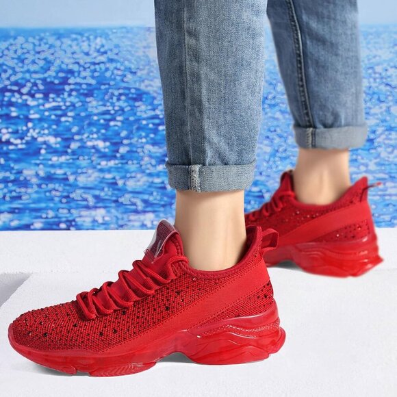 🆕 Red Rhinestone Mesh Slip-On Walking Shoes Fashion Glitter Breathable Sneaker - Picture 8 of 9